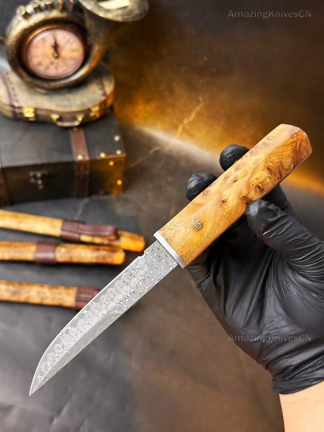 Japanese Bushido Katana Knife Damascus Steel Ninja Samurai Warrior Figured Wood-AK-HT0773