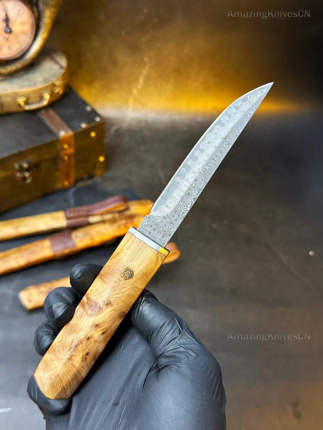 Japanese Bushido Katana Knife Damascus Steel Ninja Samurai Warrior Figured Wood-AK-HT0773