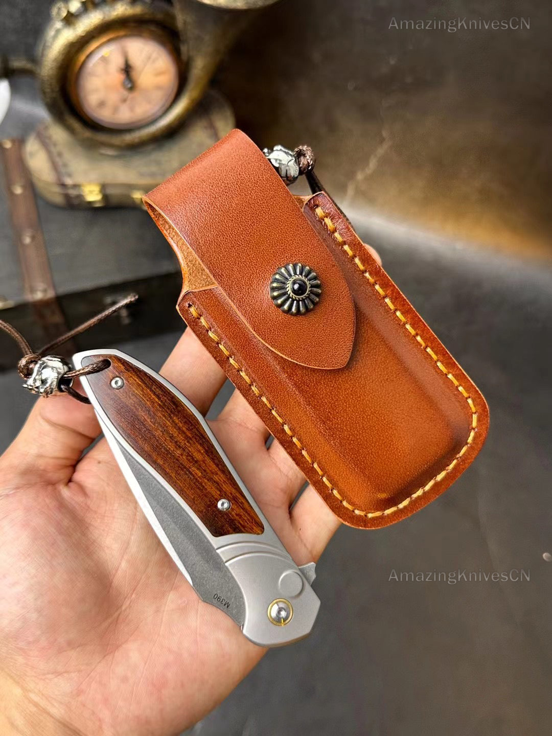 Premium M390 Blade Pocket Knife Button Lock Ball Bearing Titanium Desert Ironwood Handle- AK-HT0897