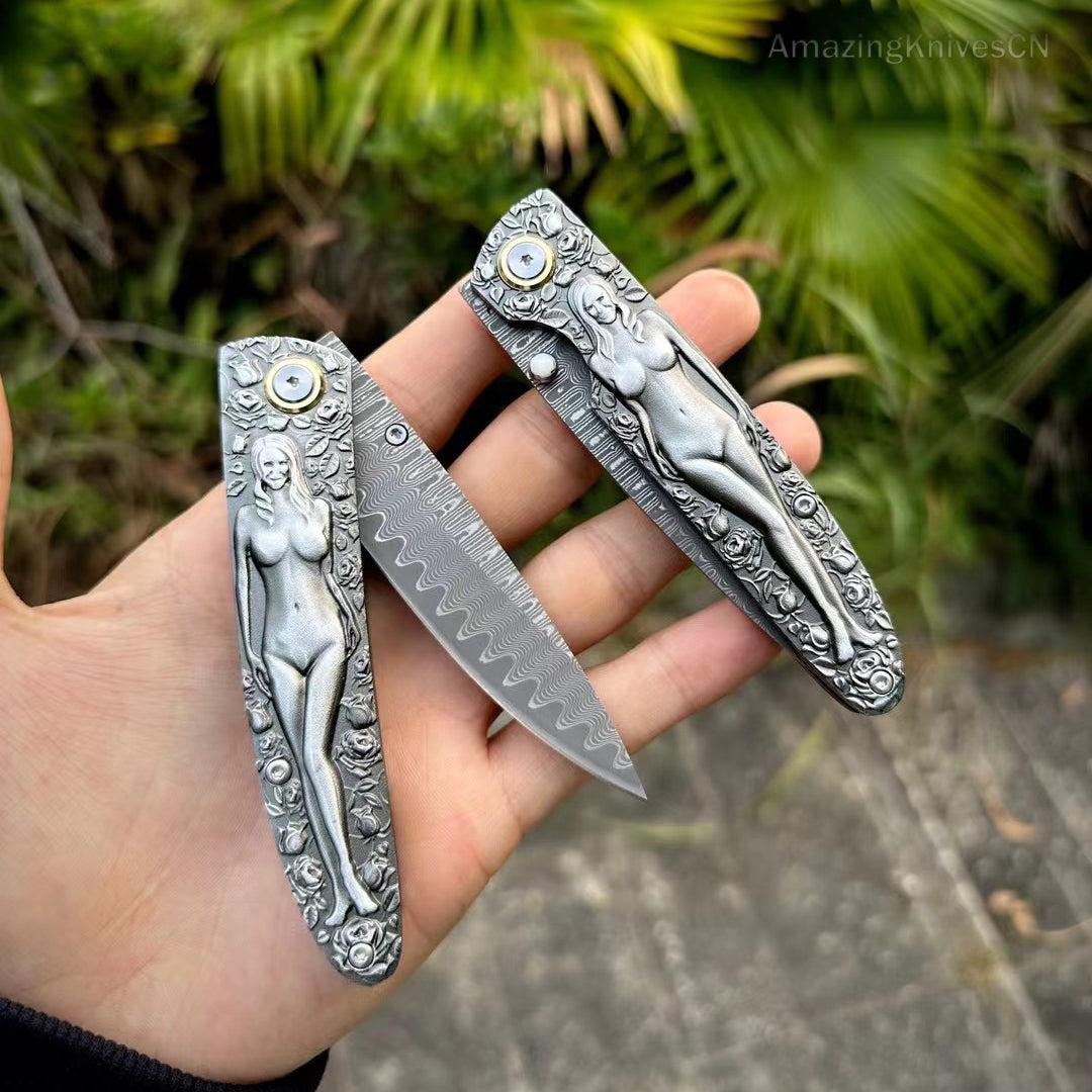 Handmade Damascus Steel Engraved Pocket KnifeFolding Knives Rescue Ball Bearing - AK-HT0872