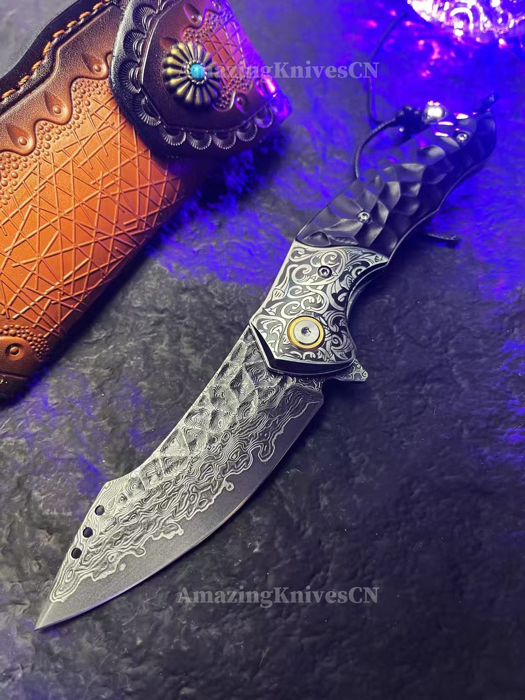 Japanese VG10 Damascus Survival Pocket Knife Flipper Ball Bearing Razor Sharp w/ Clip - AK-HT0991