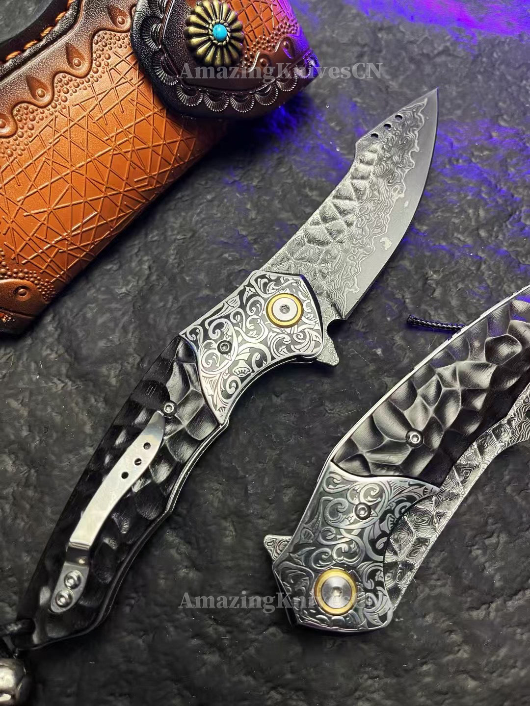 Japanese VG10 Damascus Survival Pocket Knife Flipper Ball Bearing Razor Sharp w/ Clip - AK-HT0991