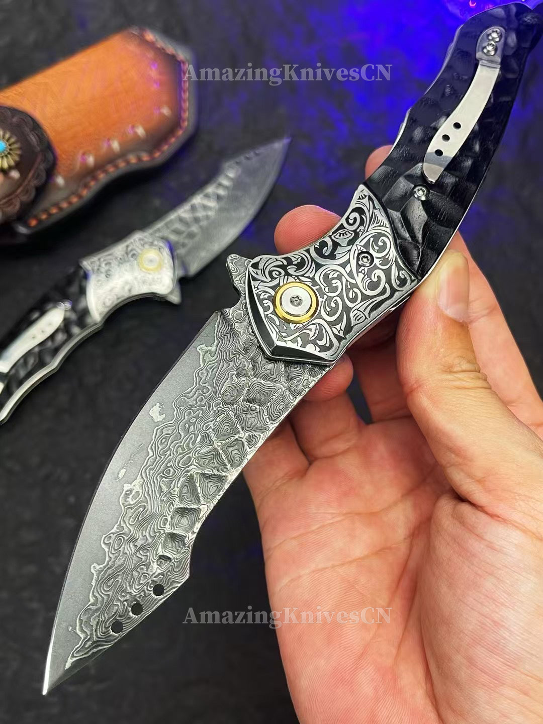 Japanese VG10 Damascus Survival Pocket Knife Flipper Ball Bearing Razor Sharp w/ Clip - AK-HT0991