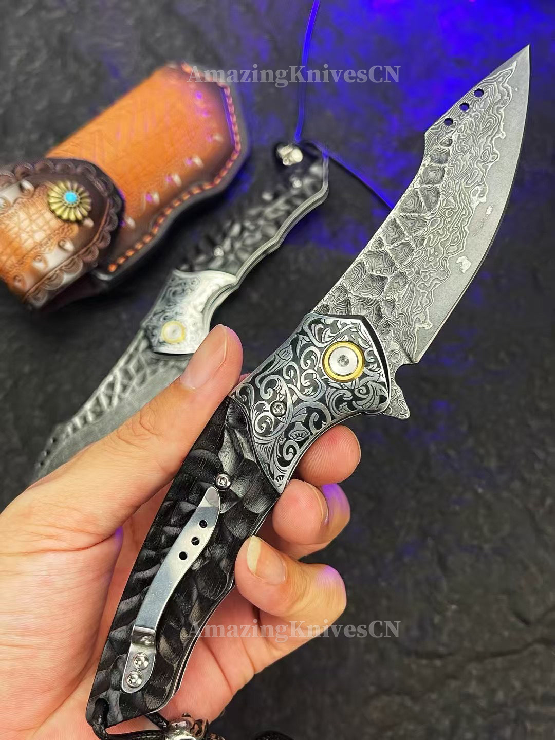 Japanese VG10 Damascus Survival Pocket Knife Flipper Ball Bearing Razor Sharp w/ Clip - AK-HT0991
