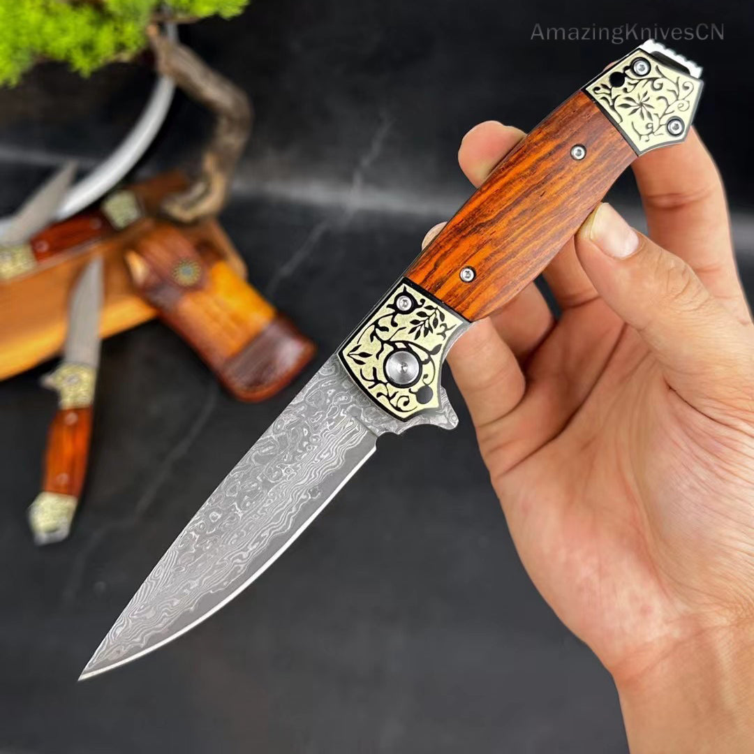 Handmade Damascus Steel Folding Knife Pocket Knives Ball Bearing Wood Handle - AK-HT0903