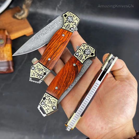 Handmade Damascus Steel Folding Knife Pocket Knives Ball Bearing Wood Handle - AK-HT0903