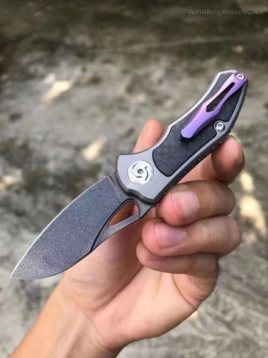 Wootz Steel Folding Pocket Knife Titanium Alloy Carbon Fiber - AK-HT0842