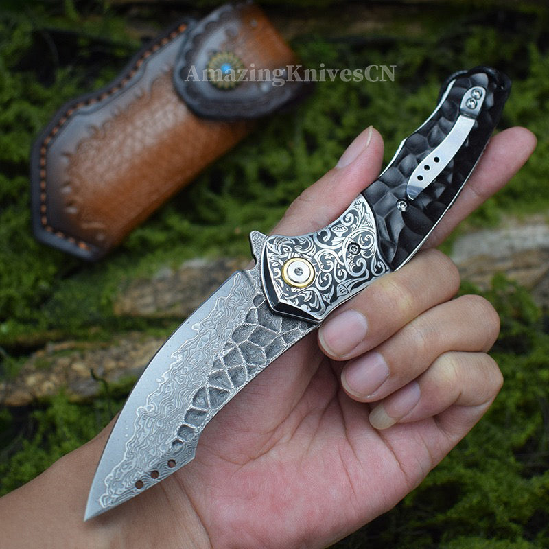 Japanese VG10 Damascus Survival Pocket Knife Flipper Ball Bearing Razor Sharp w/ Clip - AK-HT0991