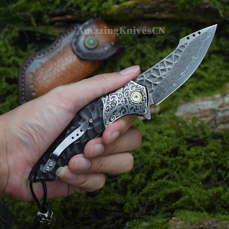 Japanese VG10 Damascus Survival Pocket Knife Flipper Ball Bearing Razor Sharp w/ Clip - AK-HT0991