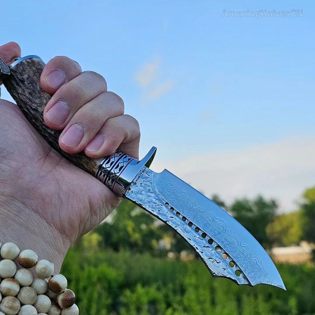 Damascus Survival Outdoor Camping Hunting Knife Fixed Blade Stag Antler Sheath - AK-HT0817