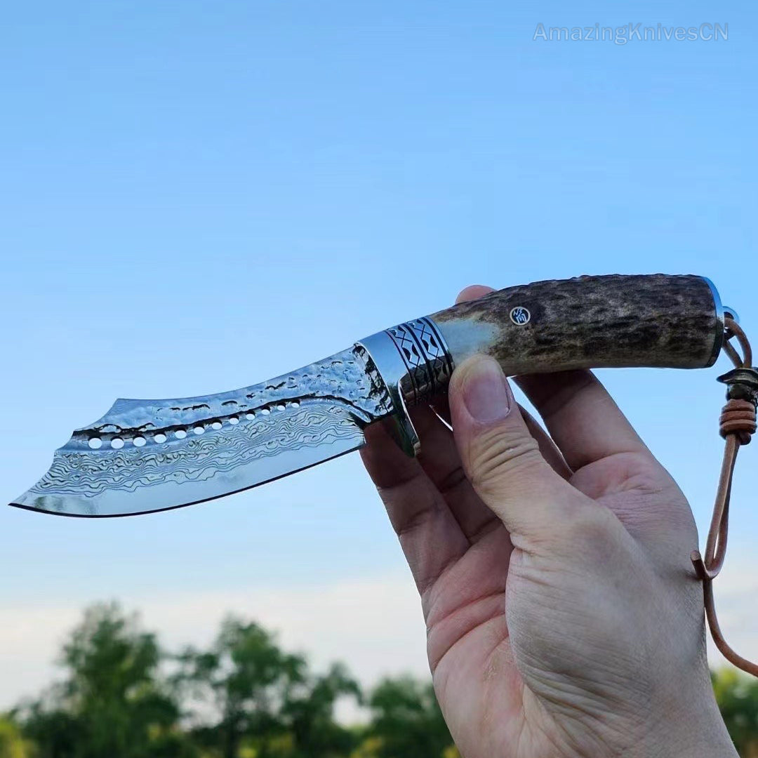 Damascus Survival Outdoor Camping Hunting Knife Fixed Blade Stag Antler Sheath - AK-HT0817