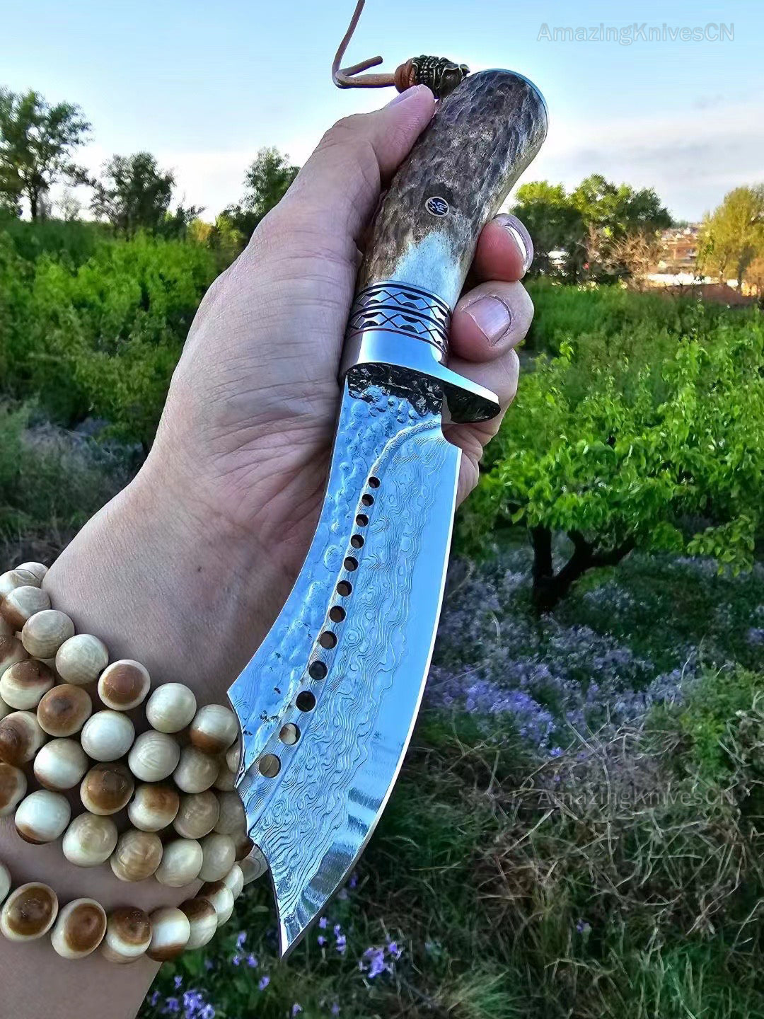 Damascus Survival Outdoor Camping Hunting Knife Fixed Blade Stag Antler Sheath - AK-HT0817