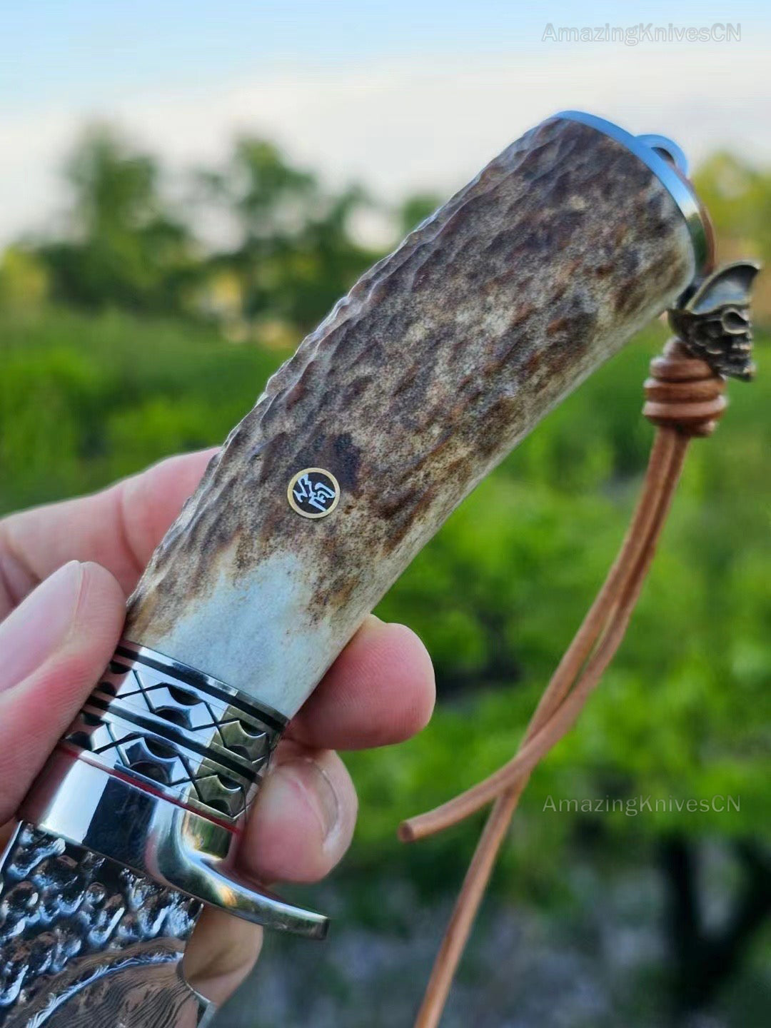 Damascus Survival Outdoor Camping Hunting Knife Fixed Blade Stag Antler Sheath - AK-HT0817