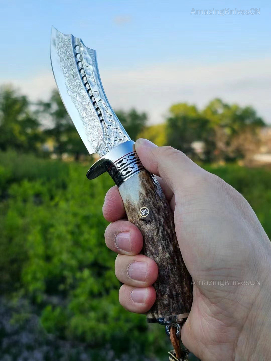 Damascus Survival Outdoor Camping Hunting Knife Fixed Blade Stag Antler Sheath - AK-HT0817