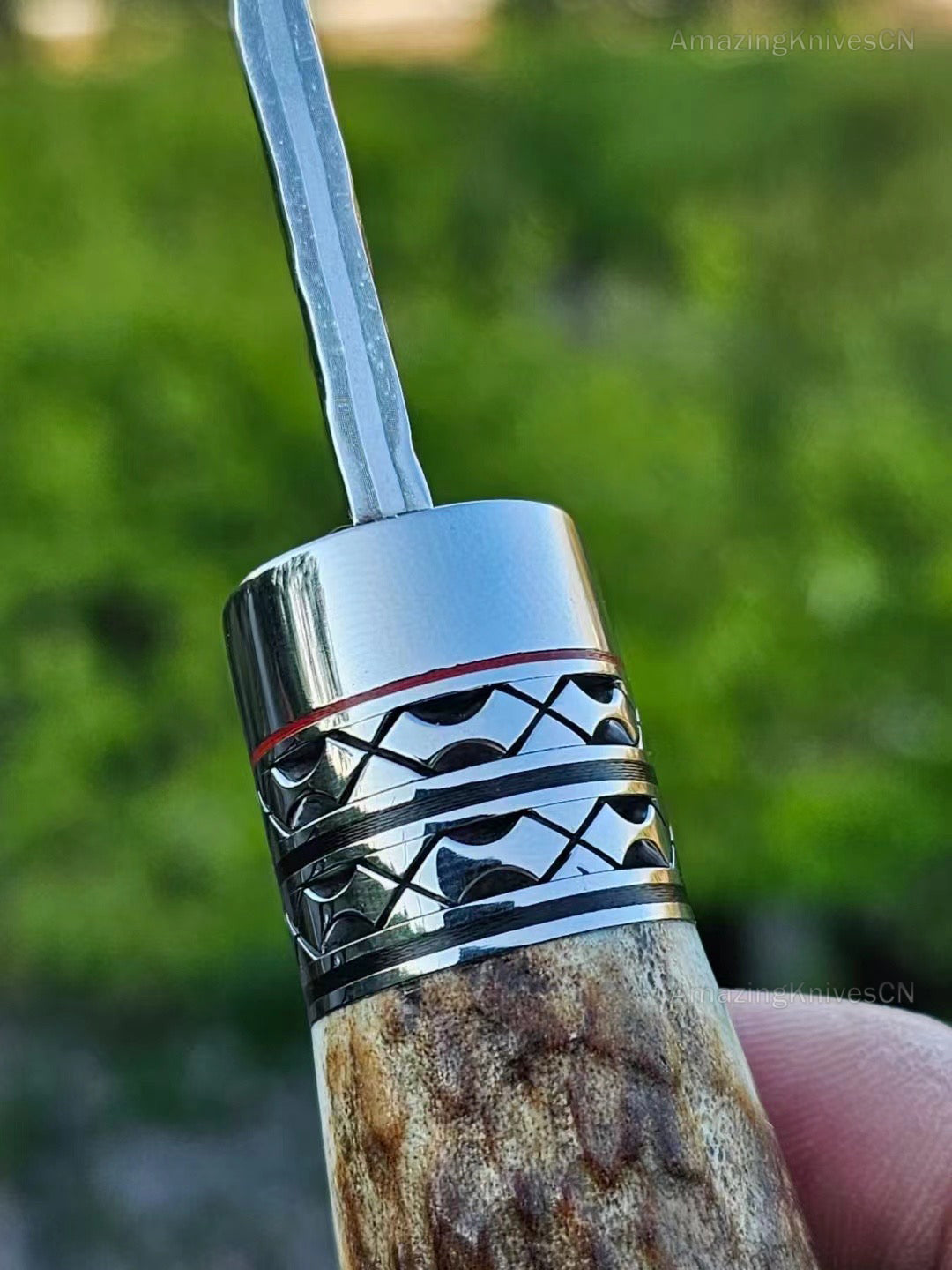 Damascus Survival Outdoor Camping Hunting Knife Fixed Blade Stag Antler Sheath - AK-HT0817