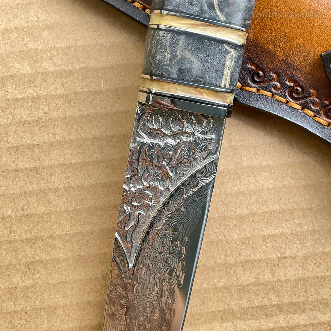 Fixed Blade Vg10 Steel Damascus Hunting Knife Handcrafted Steel Engraved Pattern - AK-HT0833