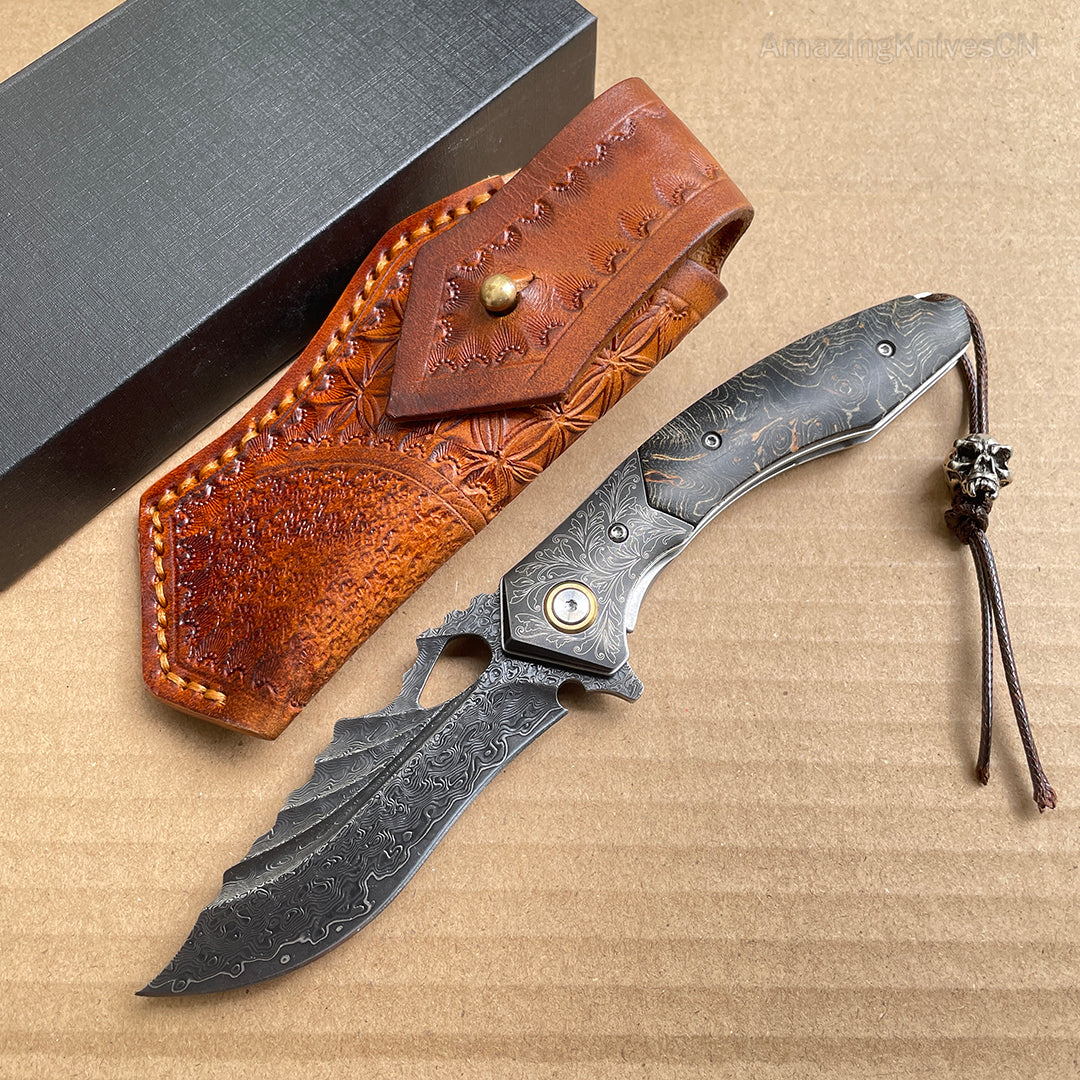 Vg10 Damascus Hunting Knife Folding Pocket Knife Wood w/ Sheath Ball Bearings- AK-HT0772