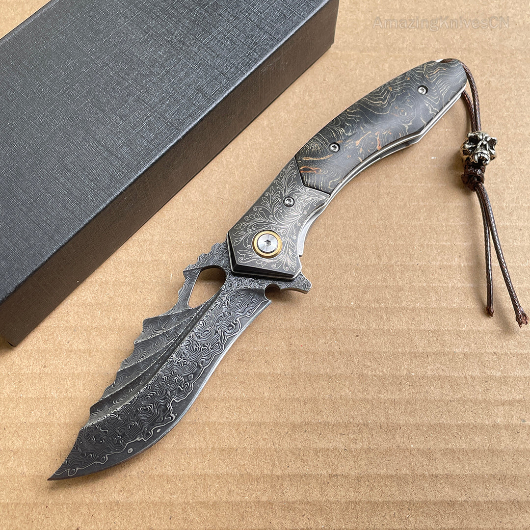 Vg10 Damascus Hunting Knife Folding Pocket Knife Wood w/ Sheath Ball Bearings- AK-HT0772