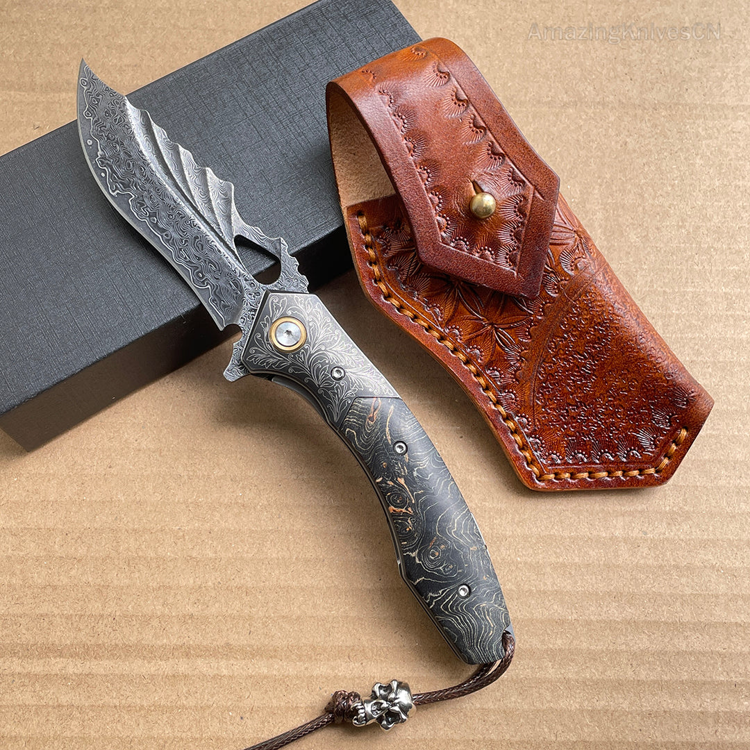 Vg10 Damascus Hunting Knife Folding Pocket Knife Wood w/ Sheath Ball Bearings- AK-HT0772