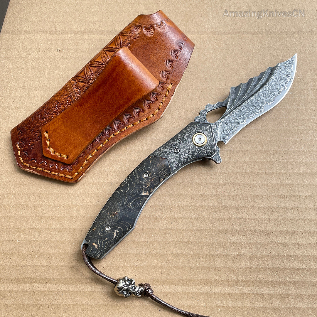 Vg10 Damascus Hunting Knife Folding Pocket Knife Wood w/ Sheath Ball Bearings- AK-HT0772