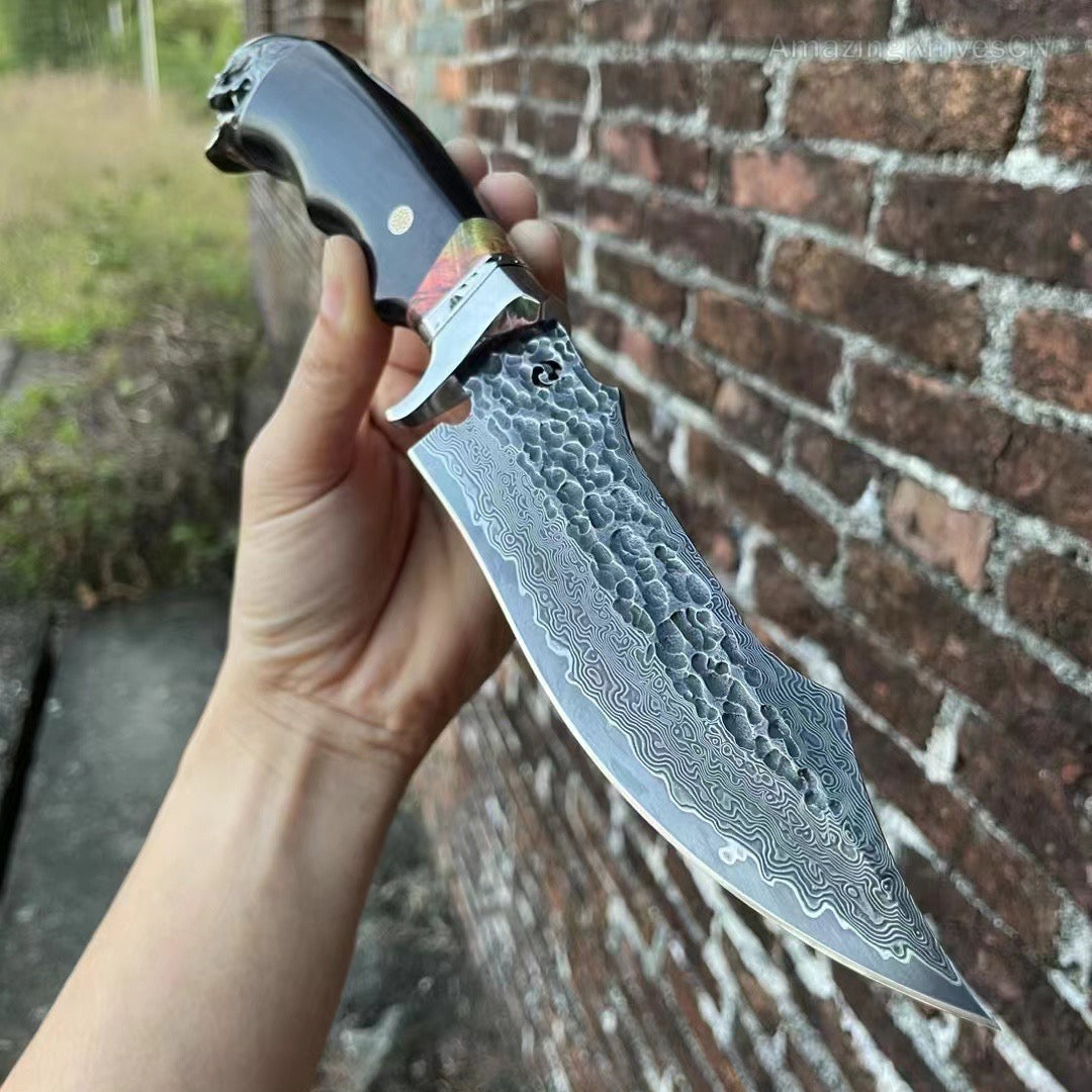 VG10 Hunting Knife Damascus Steel Bowie Survival Knife Full Tang Bushcraft Ebony -AK-HT0680