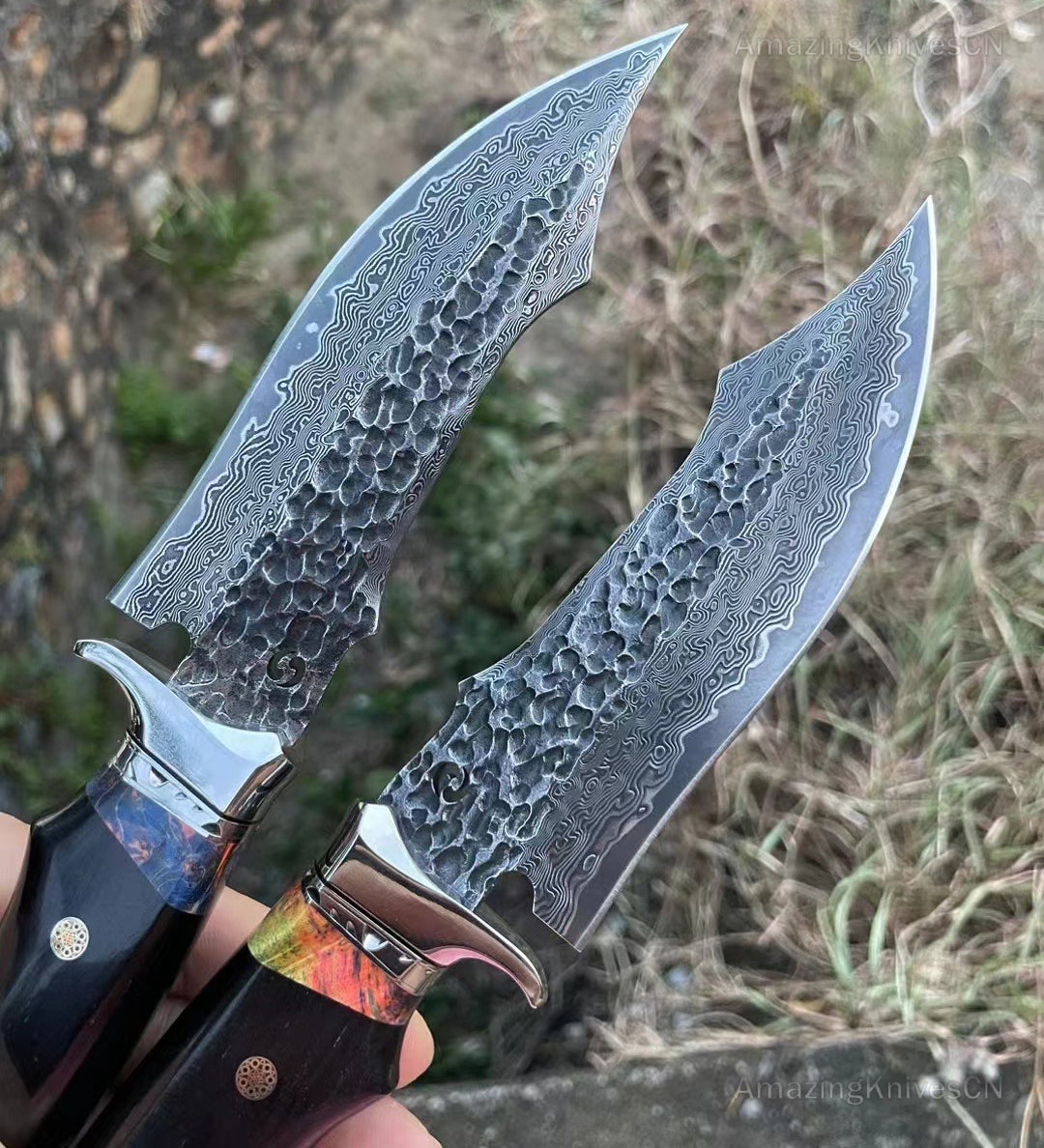 VG10 Hunting Knife Damascus Steel Bowie Survival Knife Full Tang Bushcraft Ebony -AK-HT0680