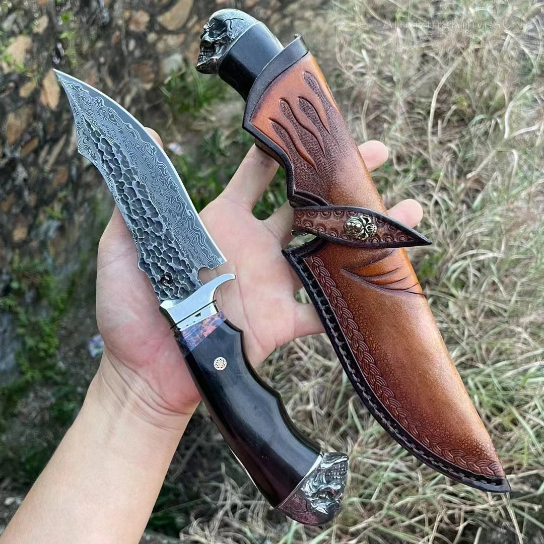 VG10 Hunting Knife Damascus Steel Bowie Survival Knife Full Tang Bushcraft Ebony -AK-HT0680