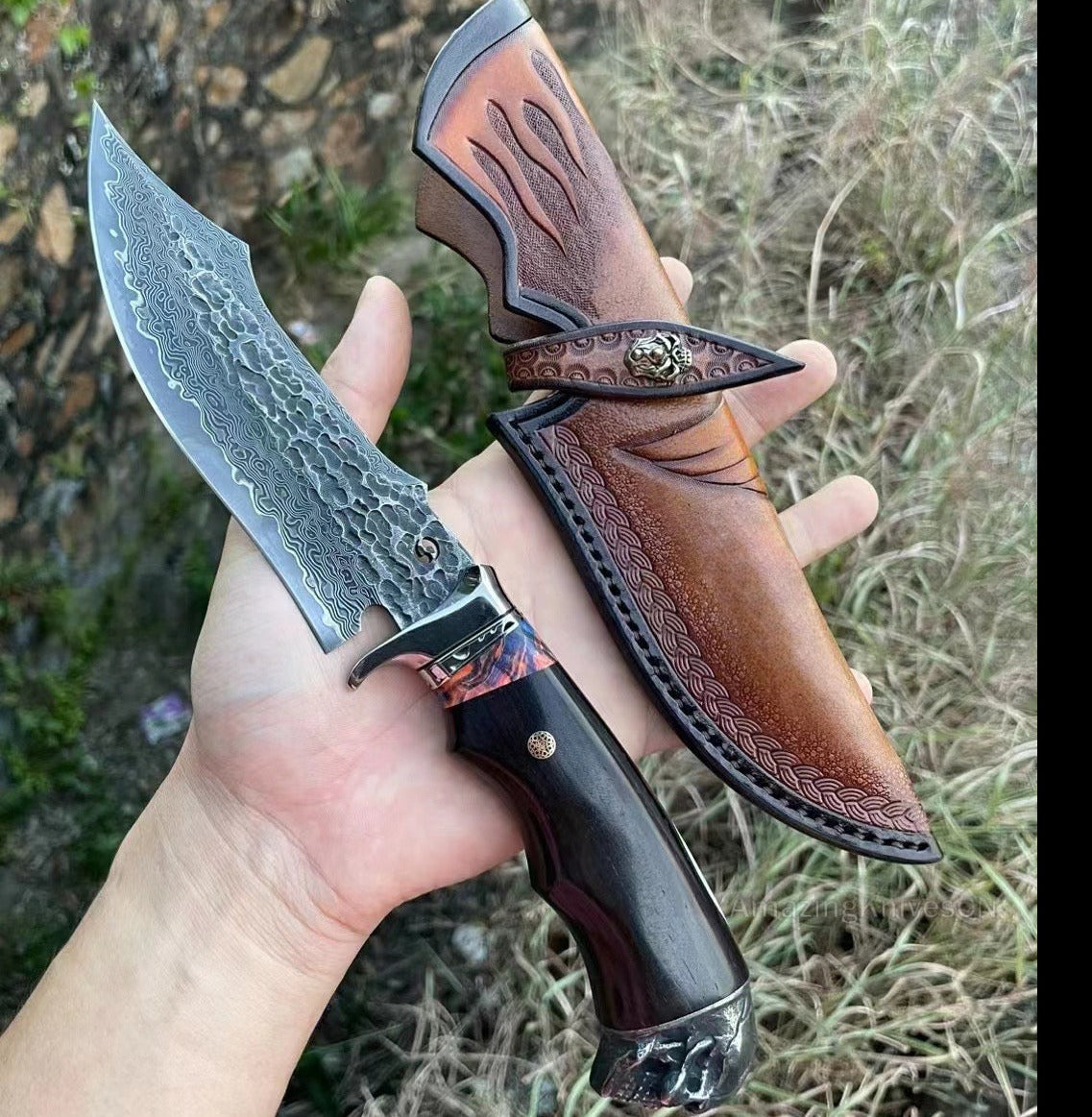 VG10 Hunting Knife Damascus Steel Bowie Survival Knife Full Tang Bushcraft Ebony -AK-HT0680