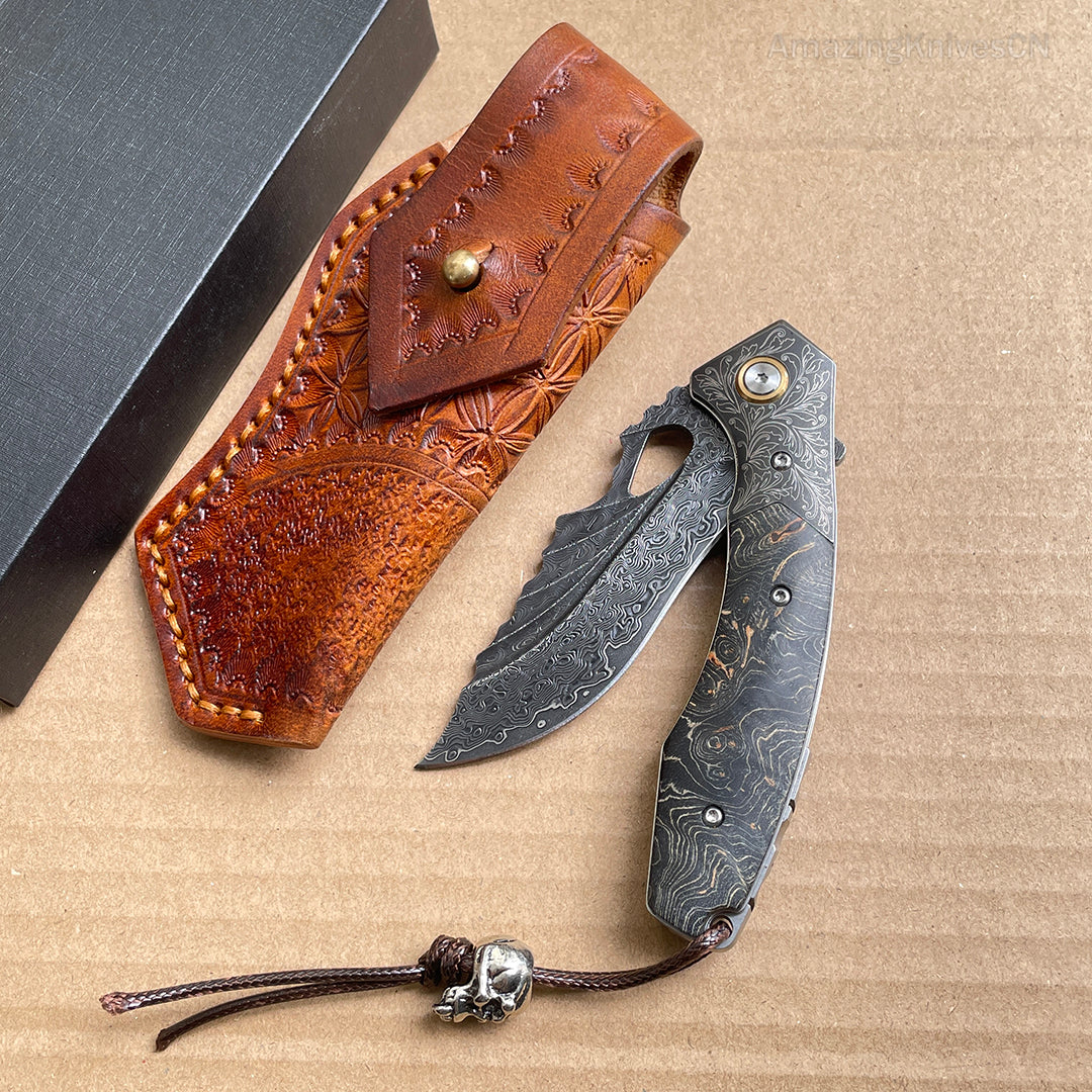 Vg10 Damascus Hunting Knife Folding Pocket Knife Wood w/ Sheath Ball Bearings- AK-HT0772