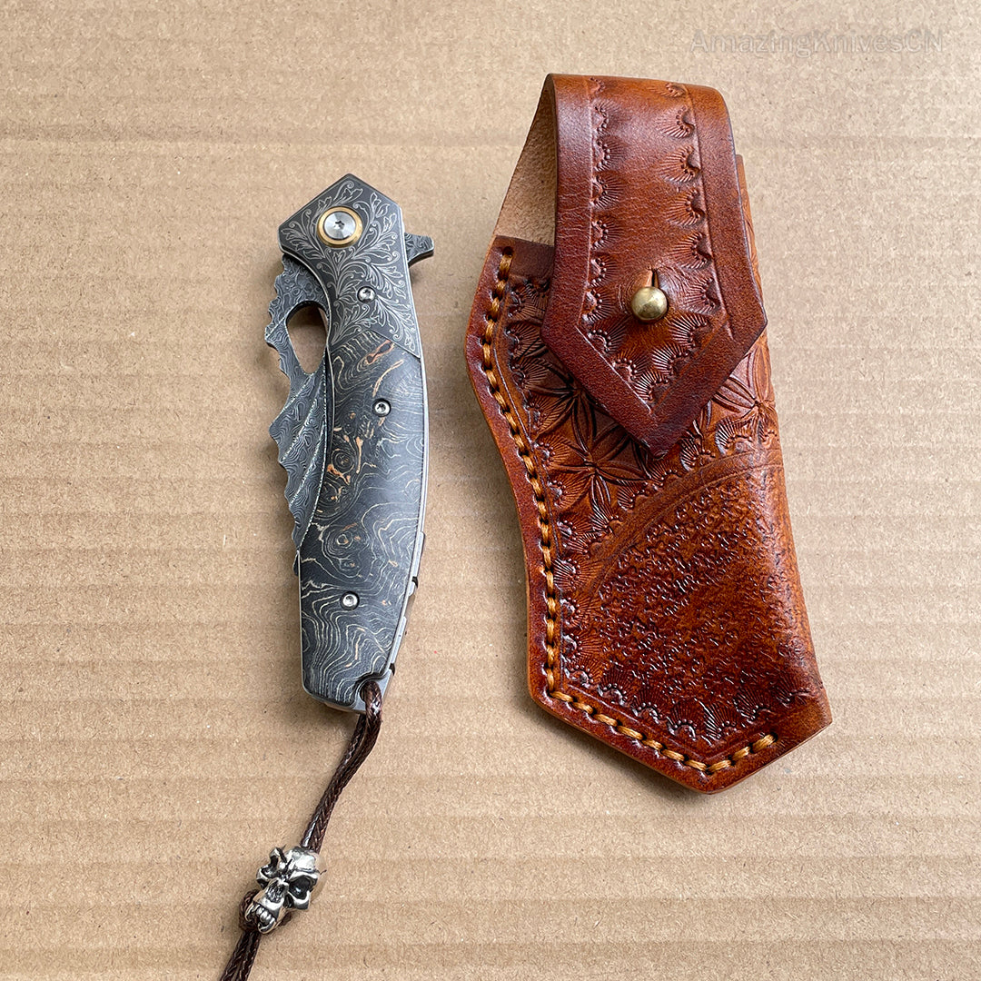 Vg10 Damascus Hunting Knife Folding Pocket Knife Wood w/ Sheath Ball Bearings- AK-HT0772