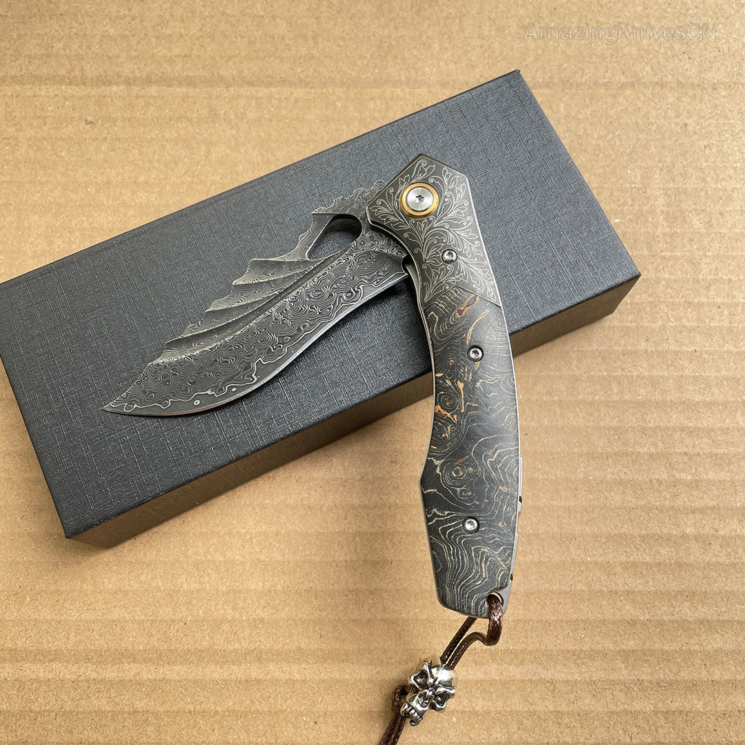 Vg10 Damascus Hunting Knife Folding Pocket Knife Wood w/ Sheath Ball Bearings- AK-HT0772