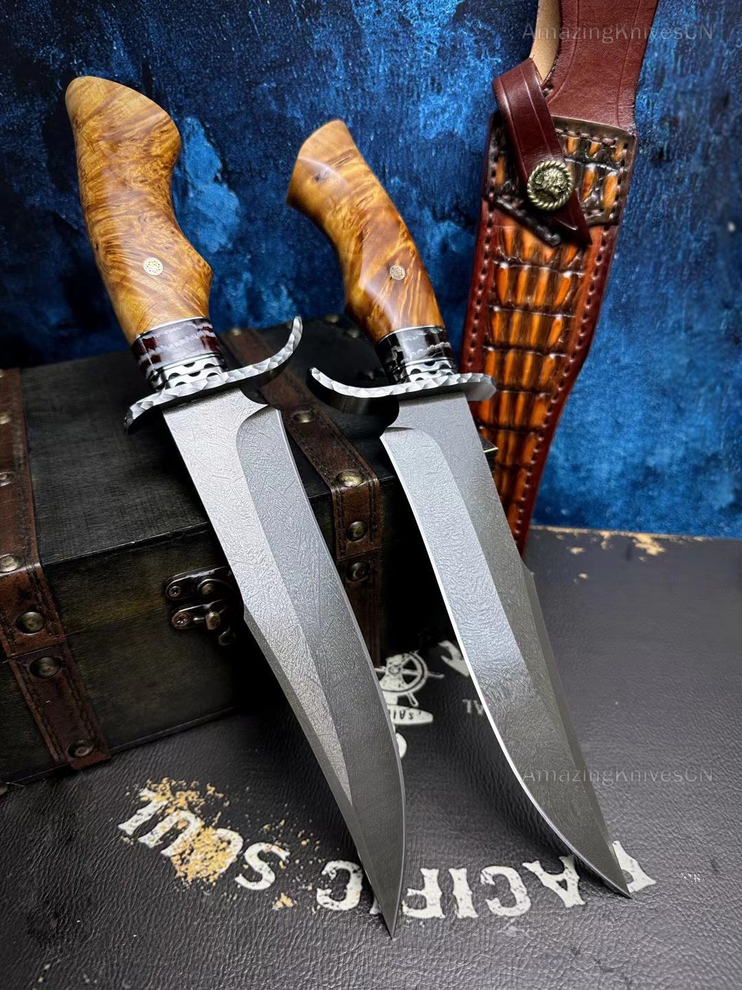 Wootz Steel Hunting Knife Survival Straight Knives Big Bowie Burl Wood - AK-HT0845