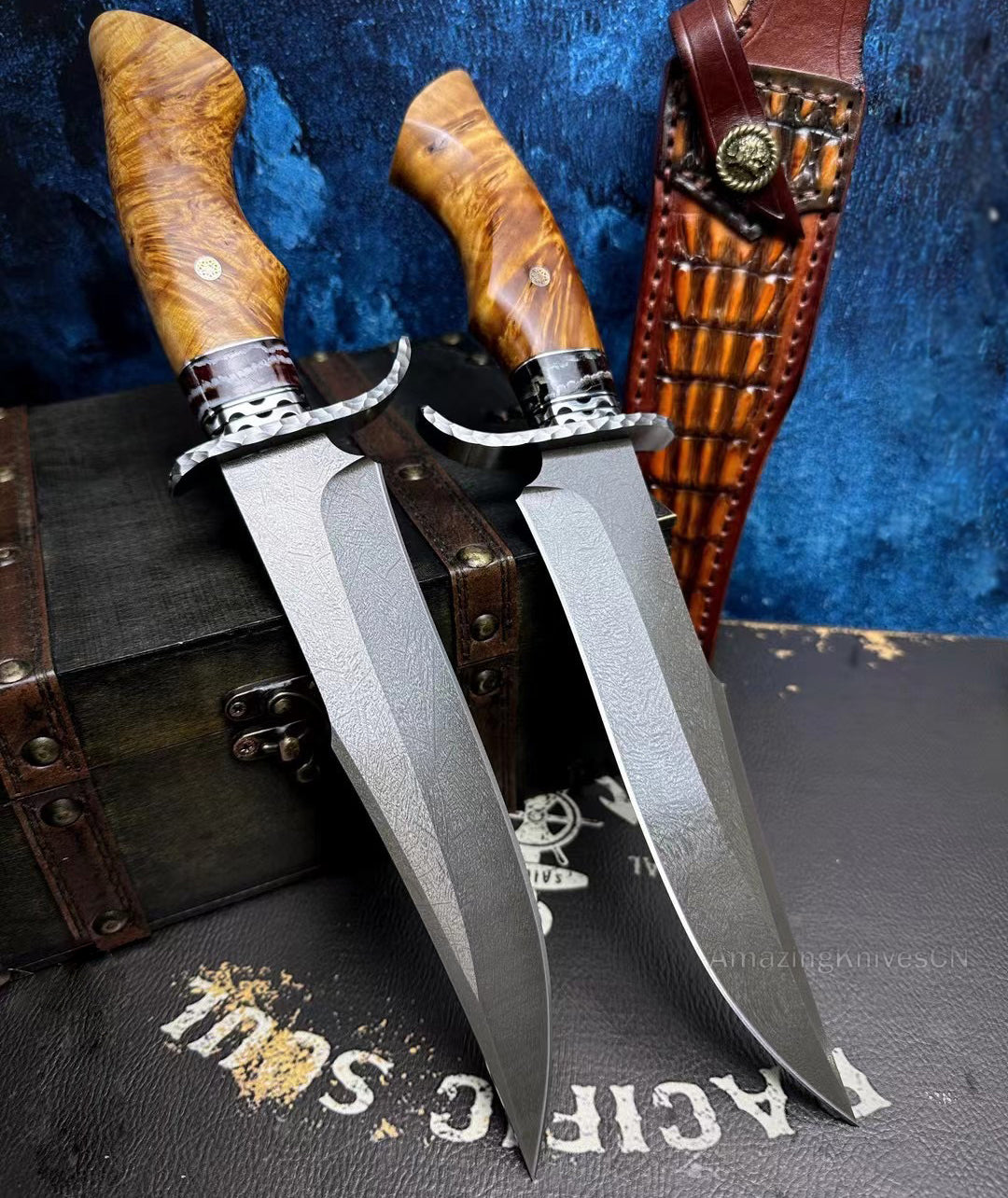 Wootz Steel Hunting Knife Survival Straight Knives Big Bowie Burl Wood - AK-HT0845