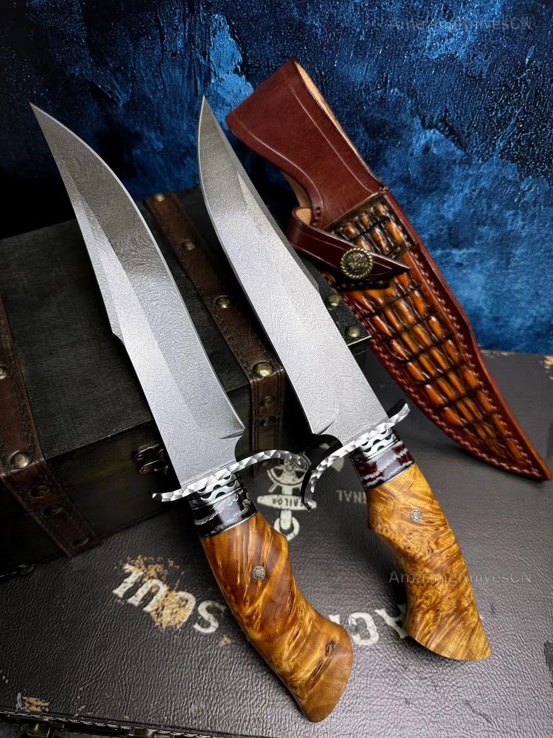 Wootz Steel Hunting Knife Survival Straight Knives Big Bowie Burl Wood - AK-HT0845