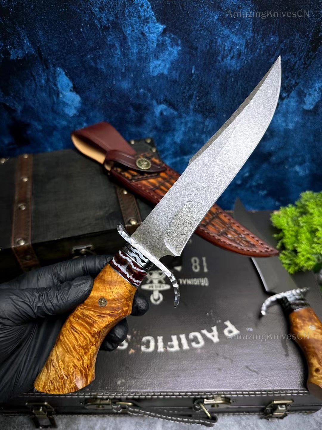 Wootz Steel Hunting Knife Survival Straight Knives Big Bowie Burl Wood - AK-HT0845