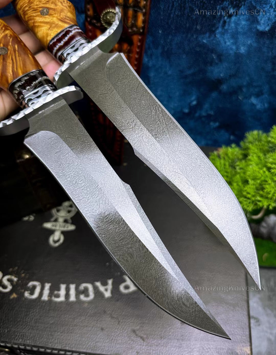 Wootz Steel Hunting Knife Survival Straight Knives Big Bowie Burl Wood - AK-HT0845