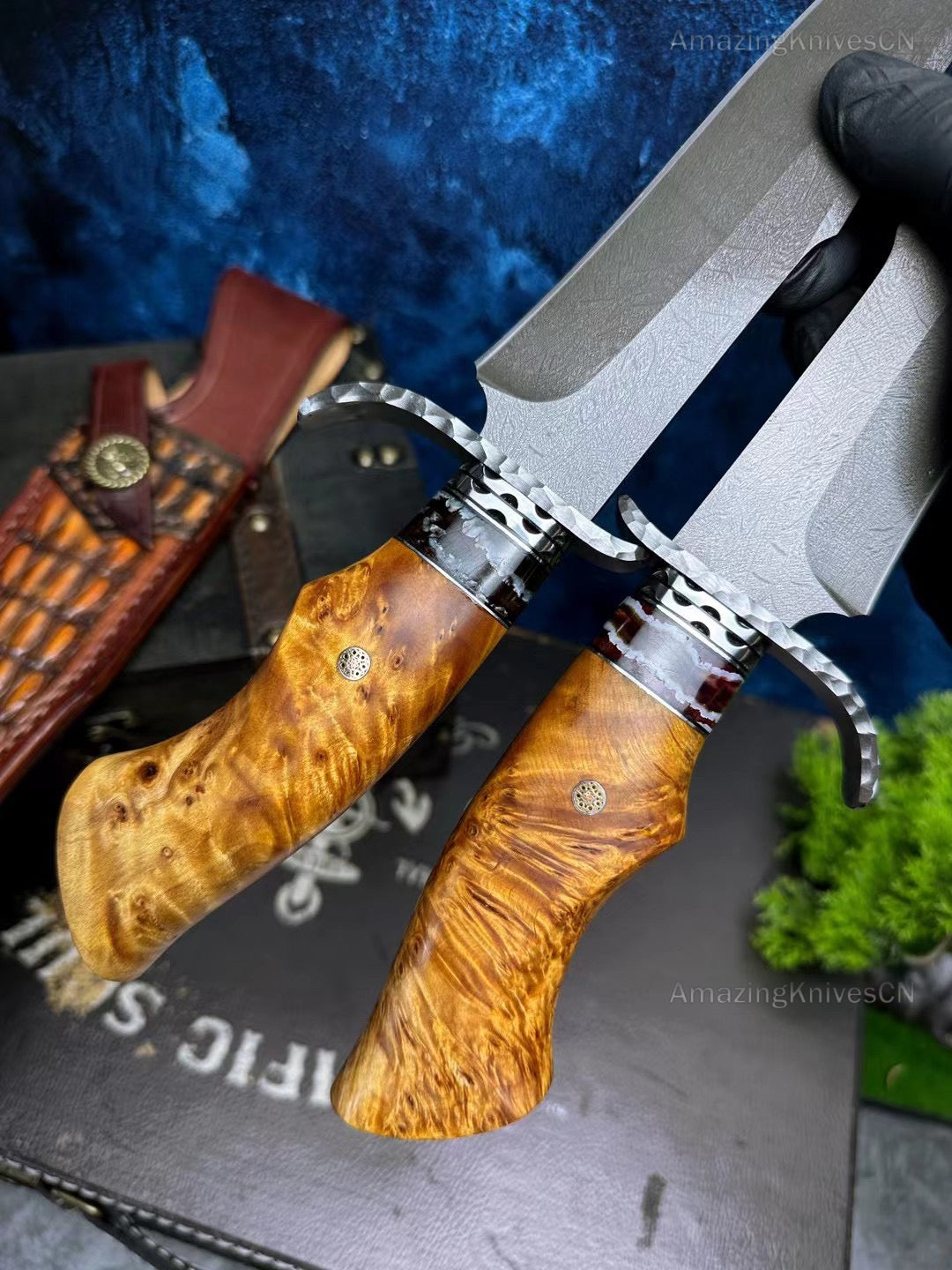 Wootz Steel Hunting Knife Survival Straight Knives Big Bowie Burl Wood - AK-HT0845