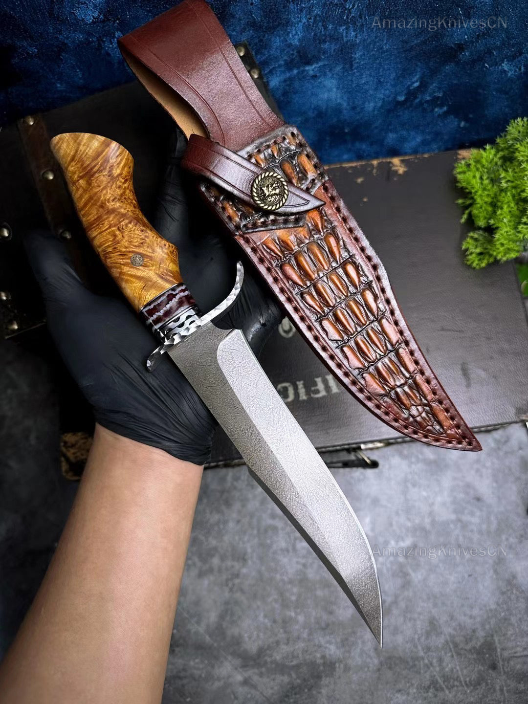 Wootz Steel Hunting Knife Survival Straight Knives Big Bowie Burl Wood - AK-HT0845