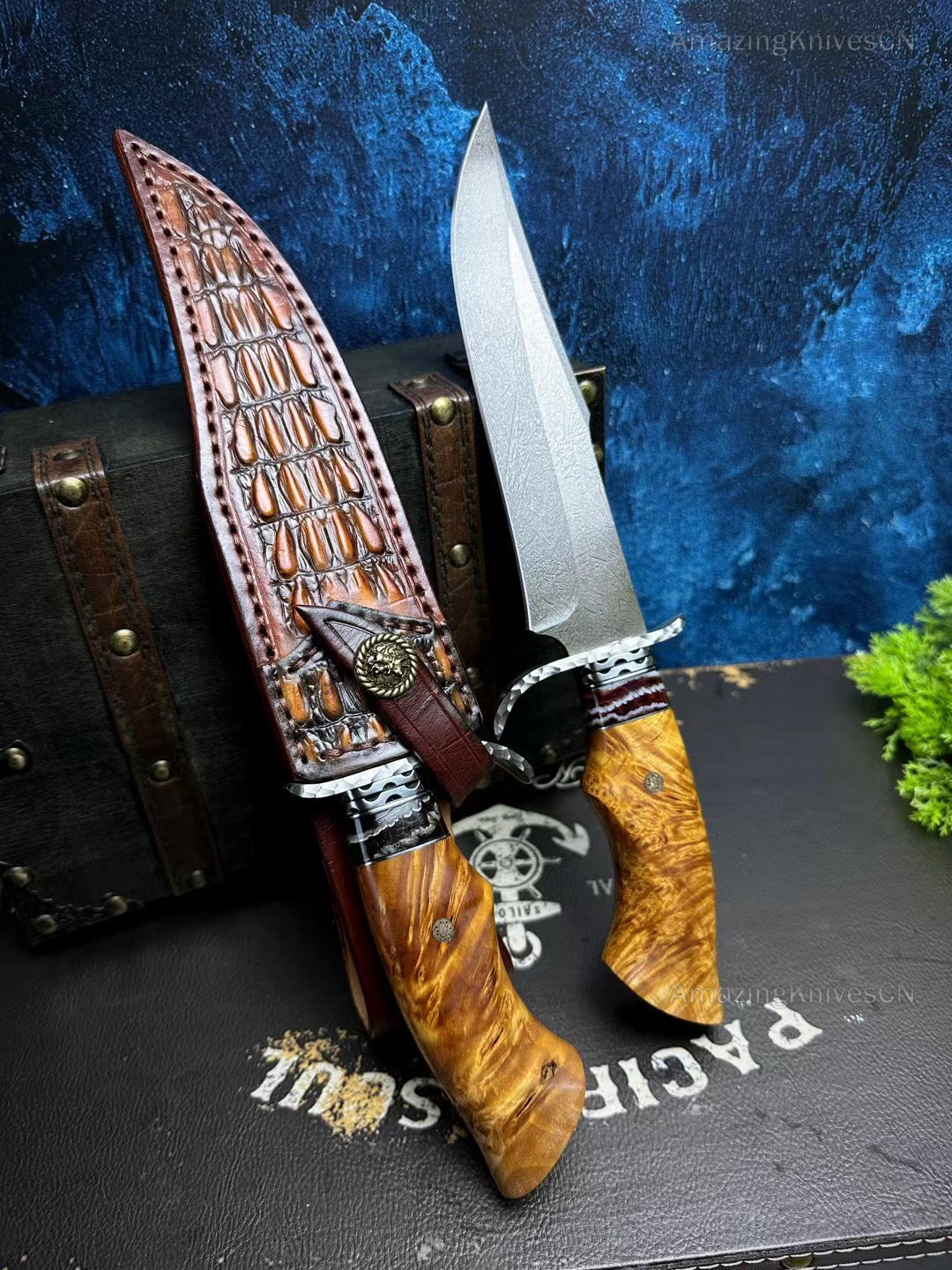 Wootz Steel Hunting Knife Survival Straight Knives Big Bowie Burl Wood - AK-HT0845