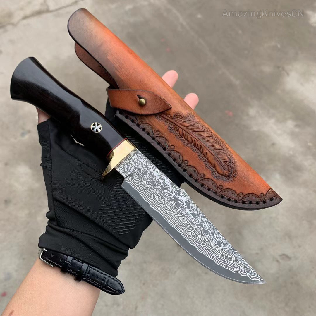 Damascus Hunting Knife Outdoor Survival Knife Purpleheart Wood w/ Leather Sheath - AK-HT0904