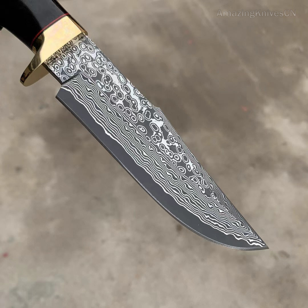 Damascus Hunting Knife Outdoor Survival Knife Purpleheart Wood w/ Leather Sheath - AK-HT0904