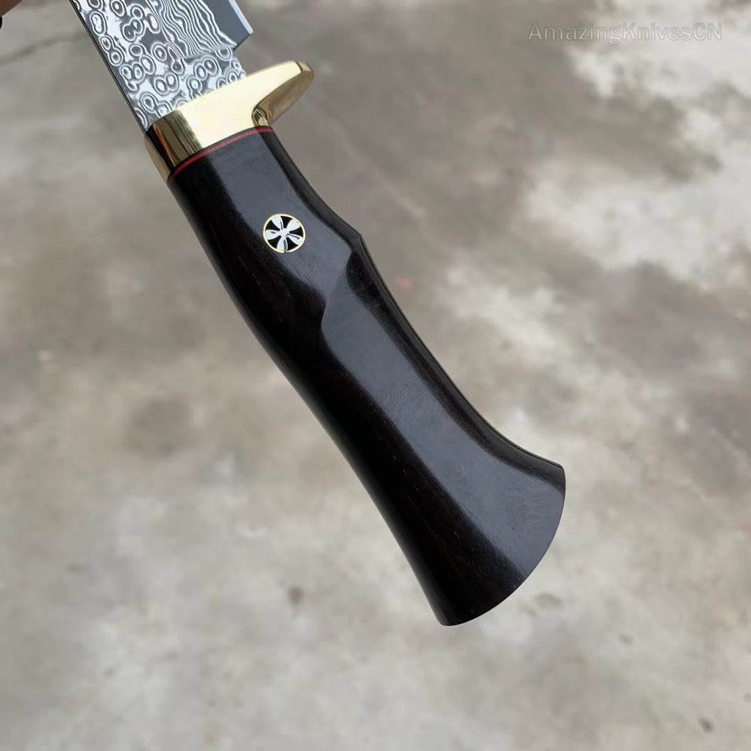 Damascus Hunting Knife Outdoor Survival Knife Purpleheart Wood w/ Leather Sheath - AK-HT0904