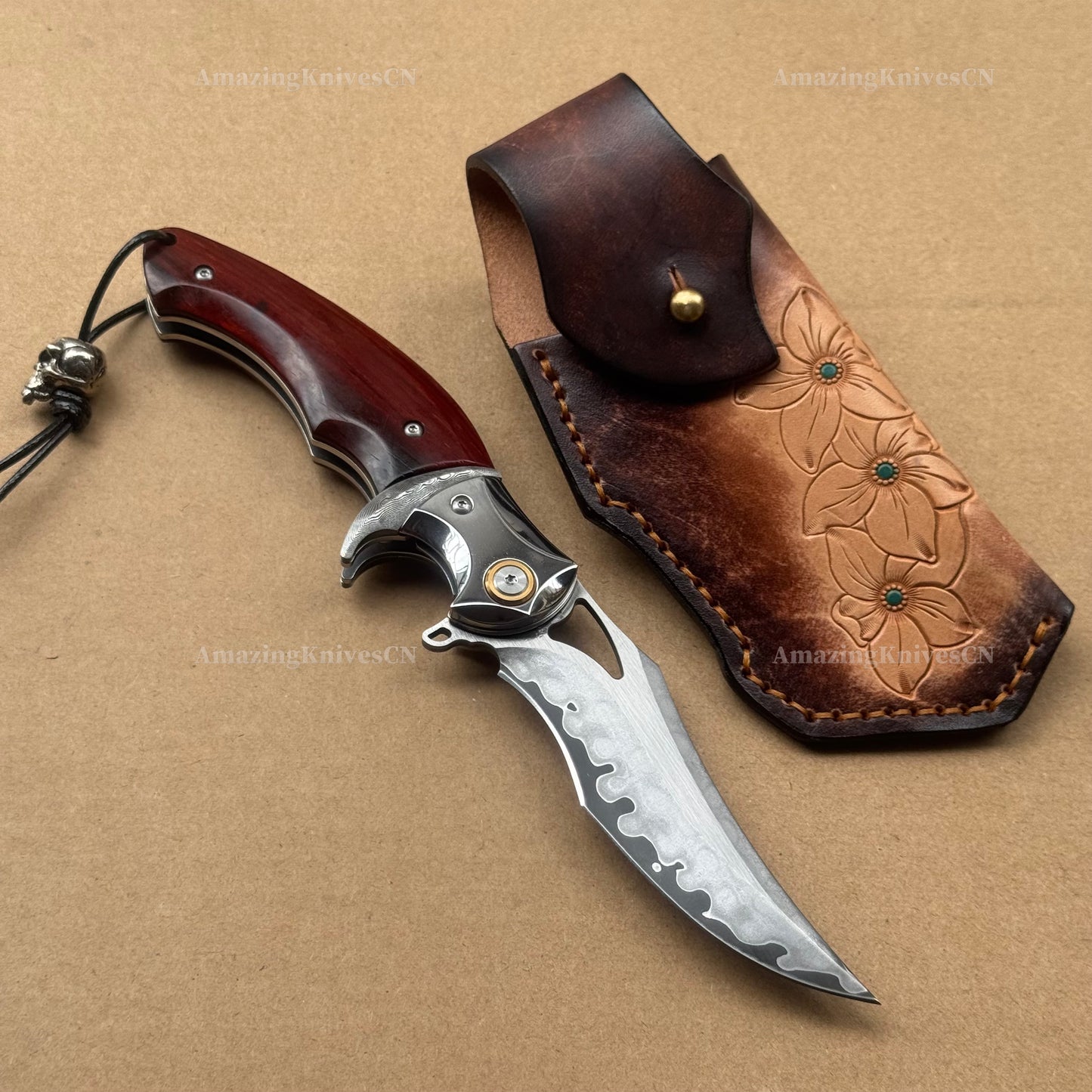 VG10 Damascus Steel San Mai Steel Hunting Survival Pocket Knife Wood Handle - AK-HT0973