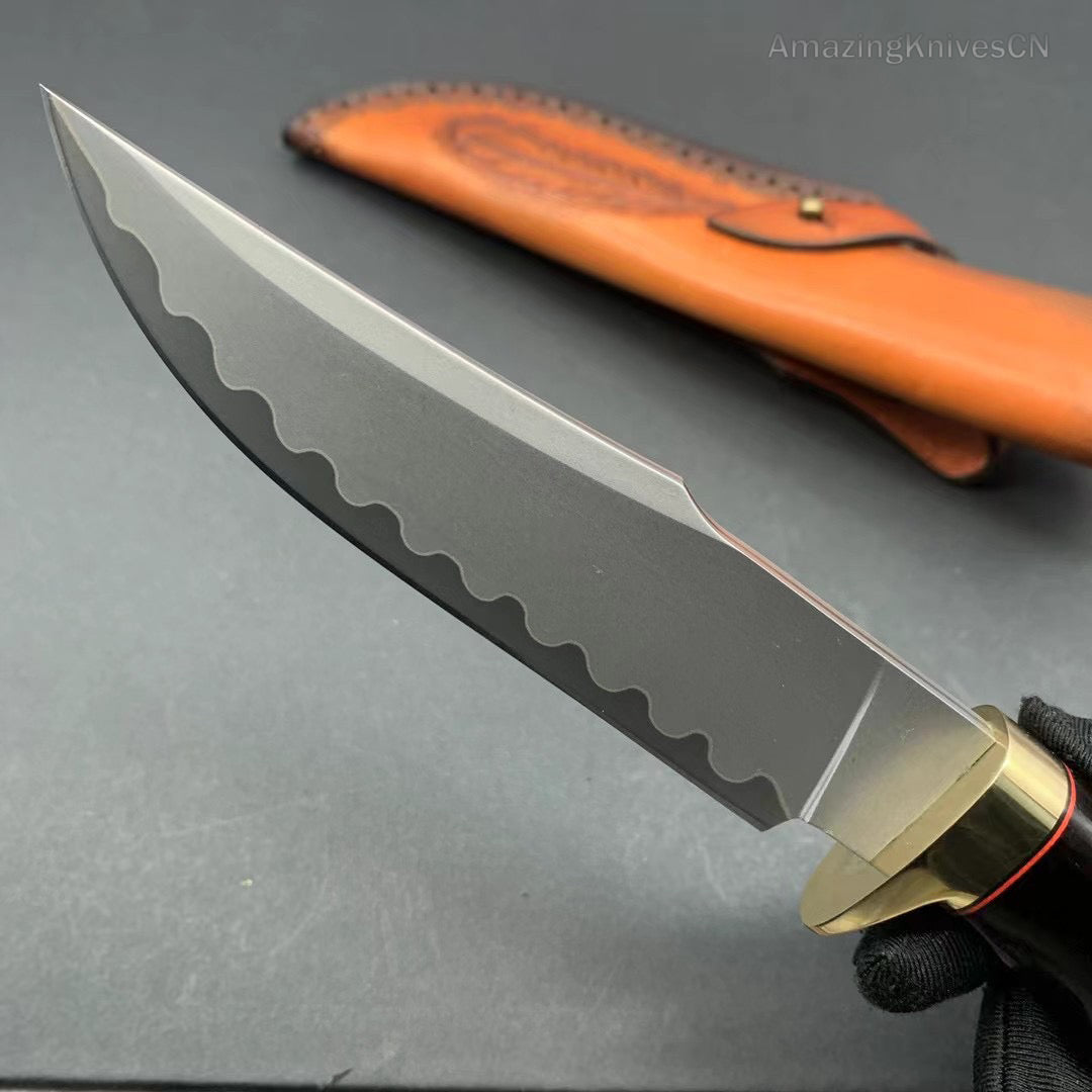 Damascus Hunting Knife Outdoor Survival Knife Purpleheart Wood w/ Leather Sheath - AK-HT0904