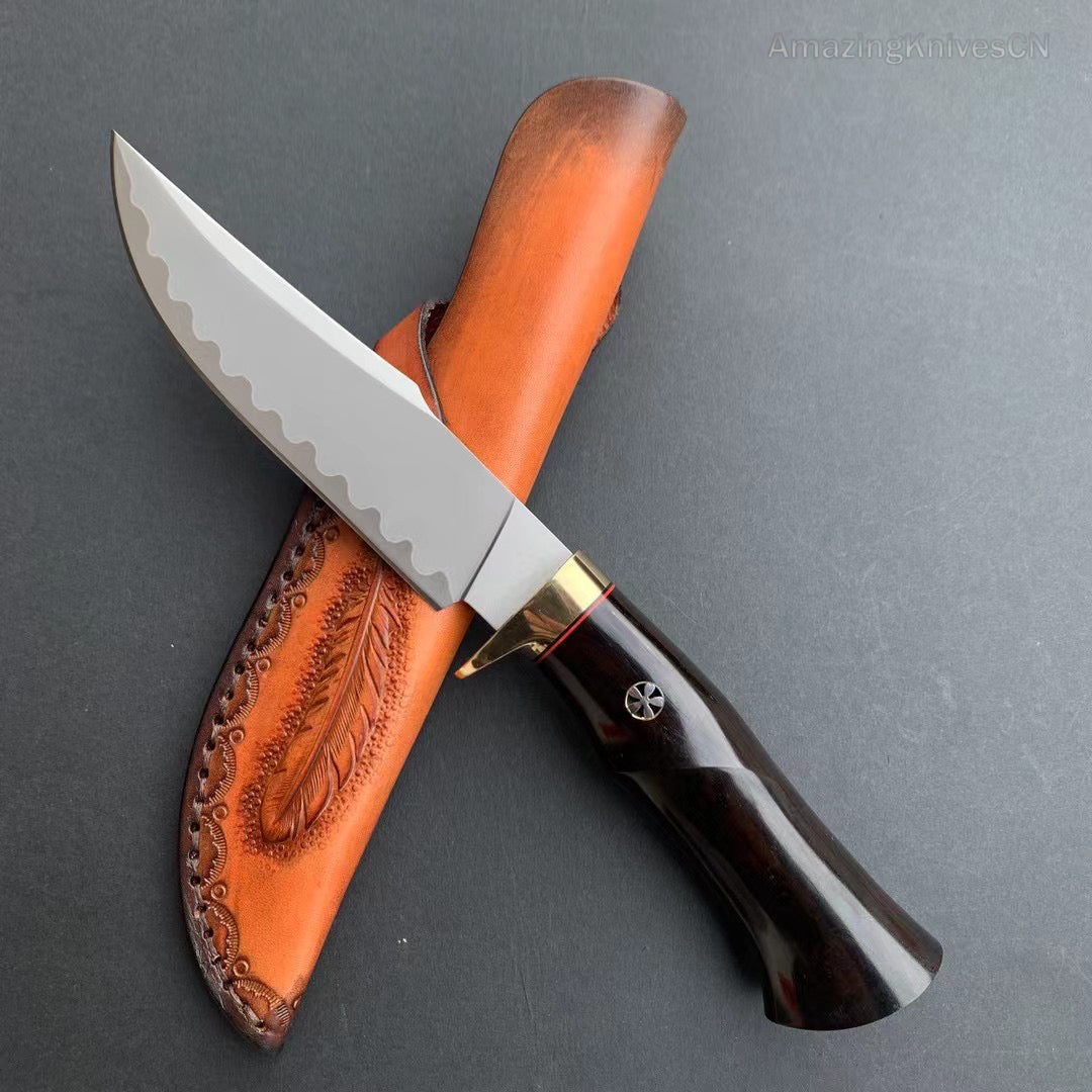 Damascus Hunting Knife Outdoor Survival Knife Purpleheart Wood w/ Leather Sheath - AK-HT0904