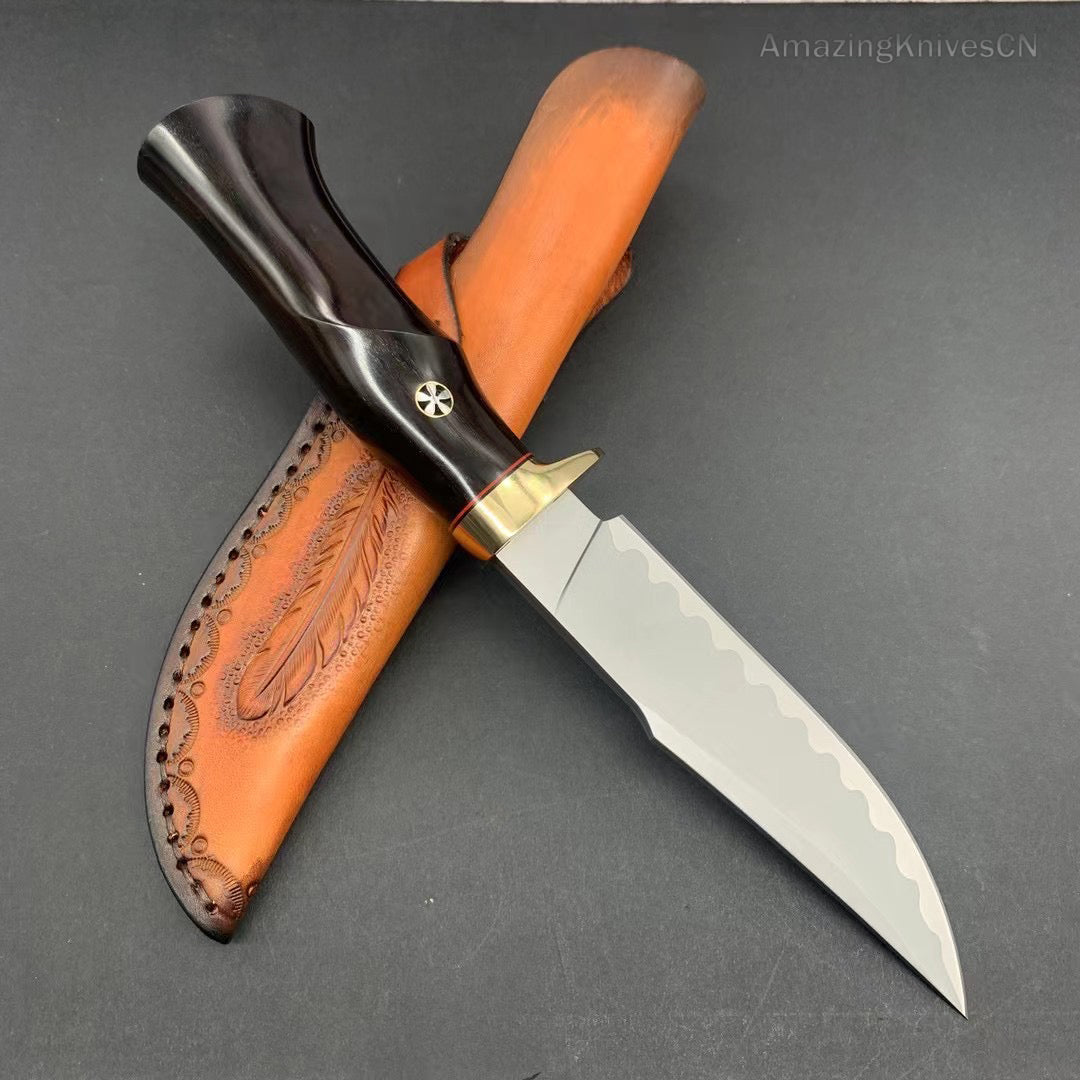 Damascus Hunting Knife Outdoor Survival Knife Purpleheart Wood w/ Leather Sheath - AK-HT0904