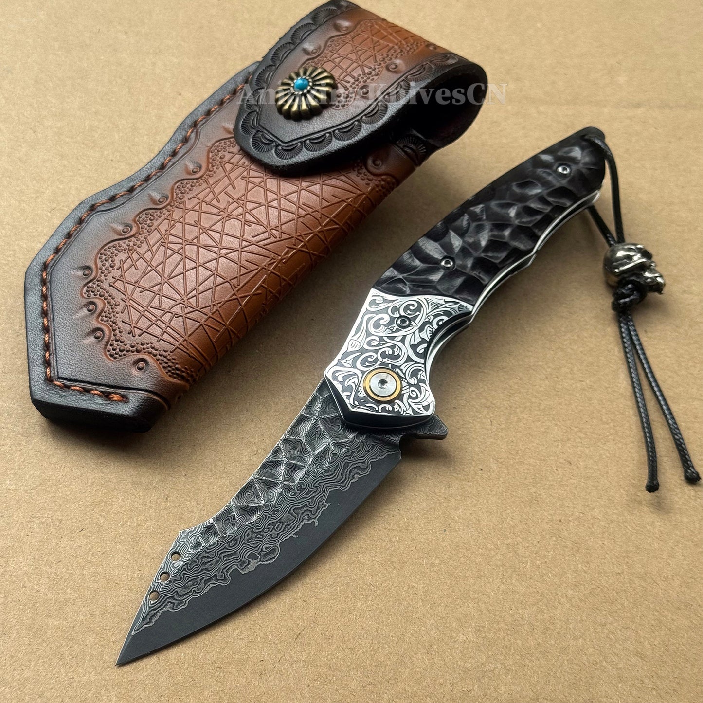 Japanese VG10 Damascus Survival Pocket Knife Flipper Ball Bearing Razor Sharp w/ Clip - AK-HT0991