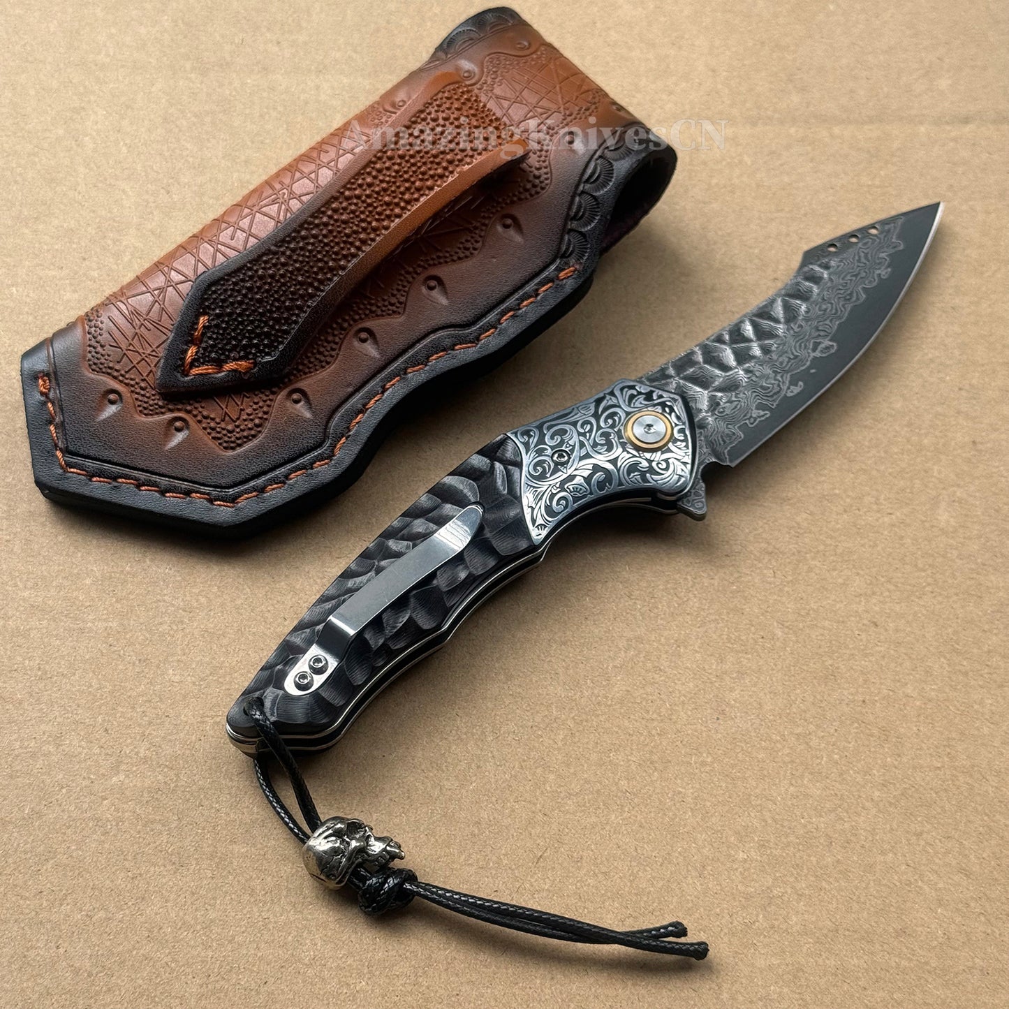 Japanese VG10 Damascus Survival Pocket Knife Flipper Ball Bearing Razor Sharp w/ Clip - AK-HT0991
