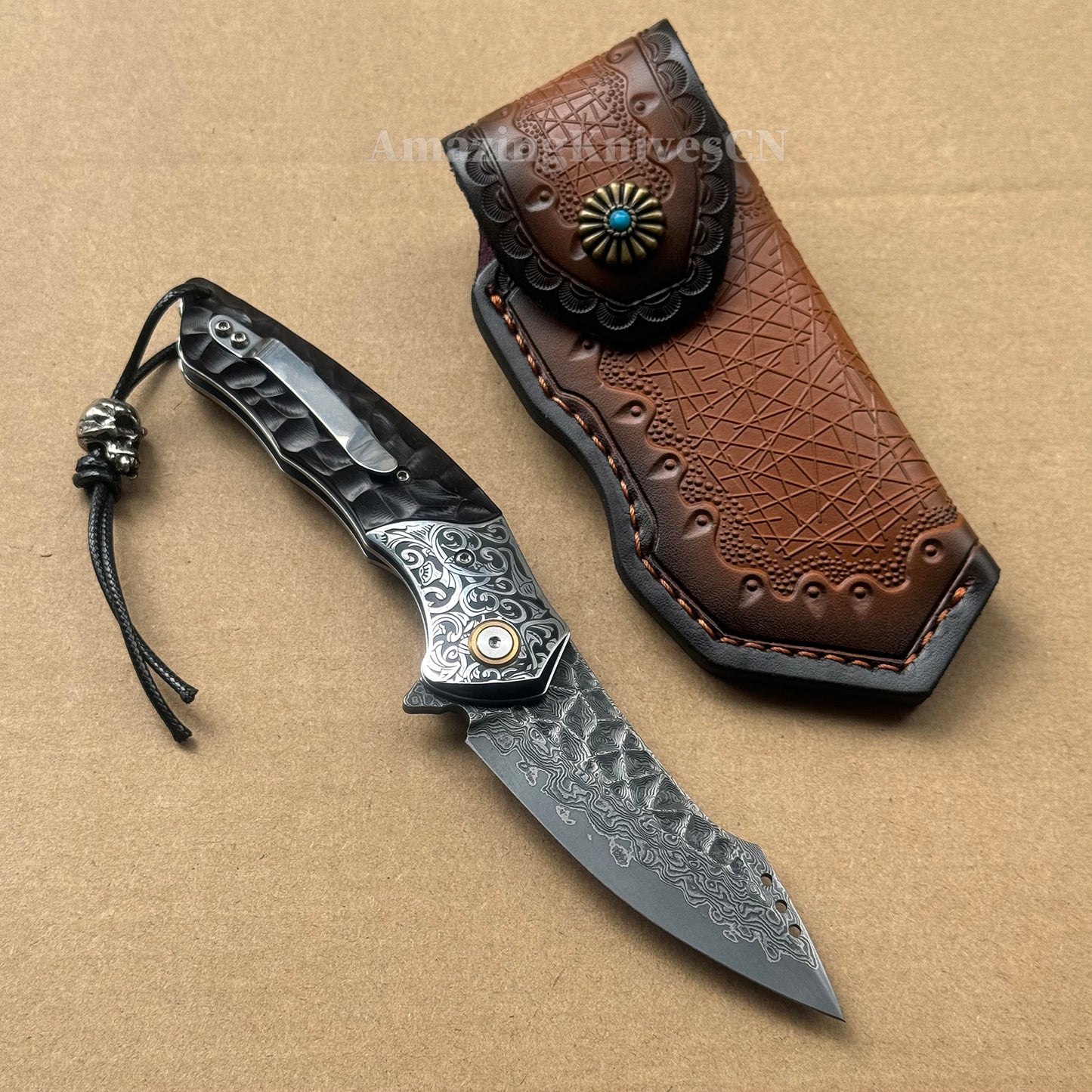 Japanese VG10 Damascus Survival Pocket Knife Flipper Ball Bearing Razor Sharp w/ Clip - AK-HT0991