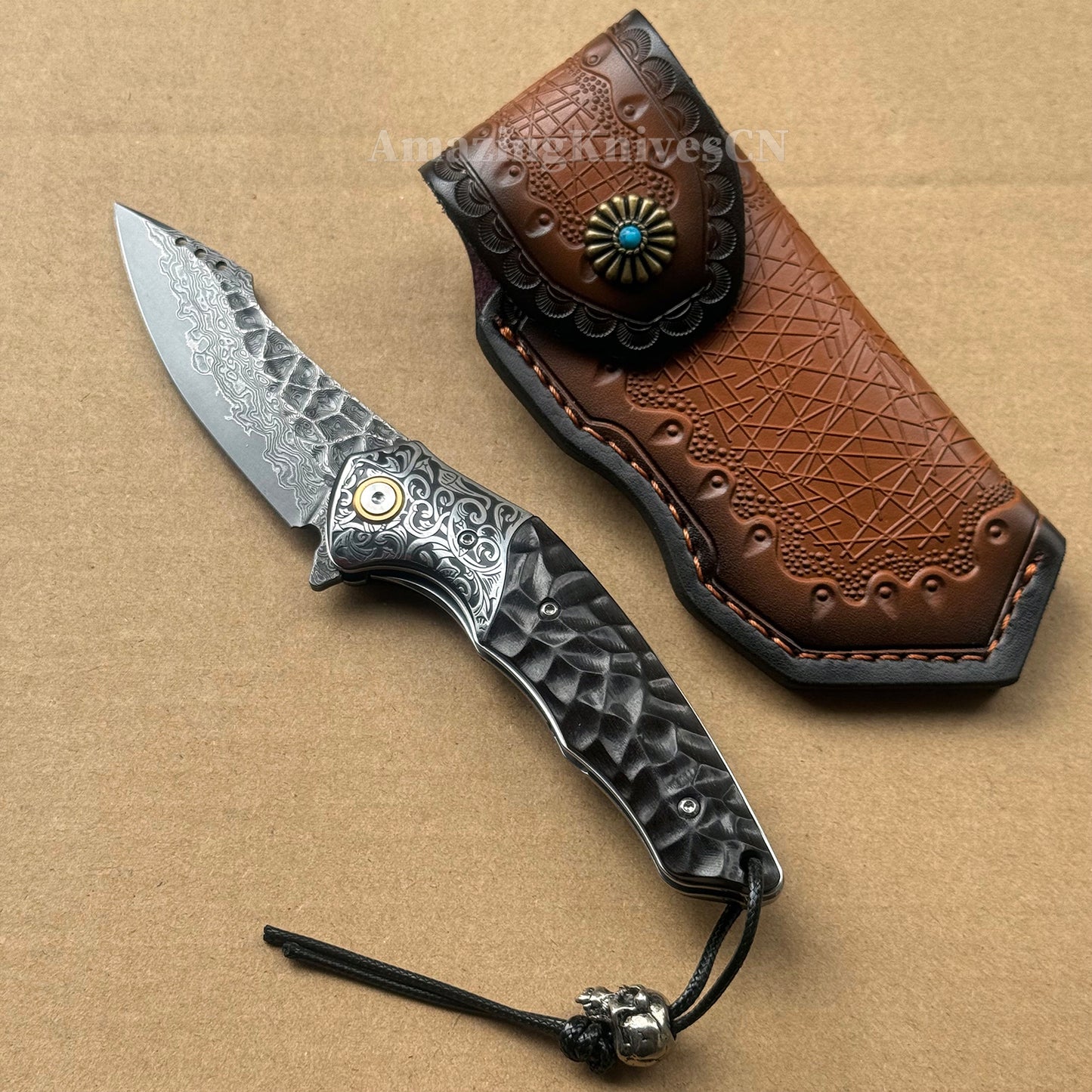 Japanese VG10 Damascus Survival Pocket Knife Flipper Ball Bearing Razor Sharp w/ Clip - AK-HT0991